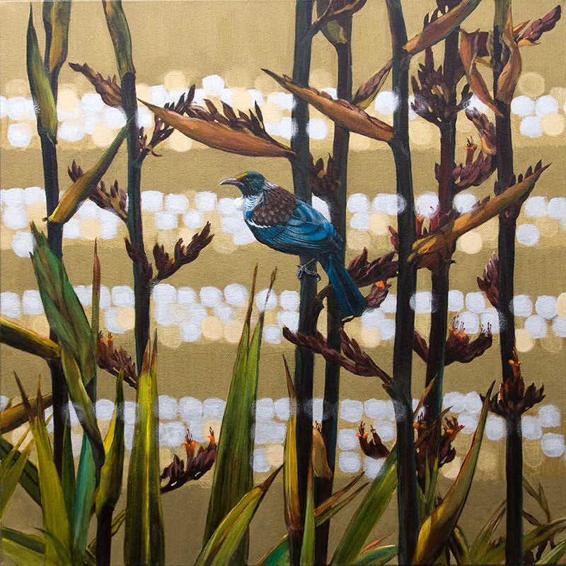 Tui and flax fine art prints by Jane Galloway