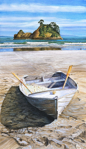Whangapoua beach with dinghy art by Jane Galloway