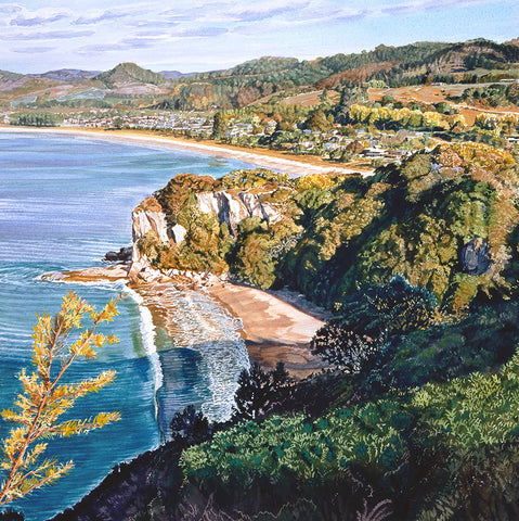 Lonely Bay and Cooks Beach Painting by Jane Galloway art print