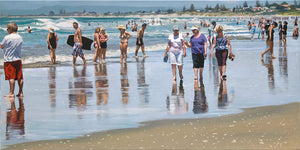 Painting of people walking on the beach in Mount Maunganui, by Jane Galloway