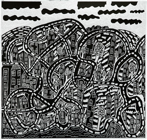 Black and white drawing of seaside town II by Julian Godfery