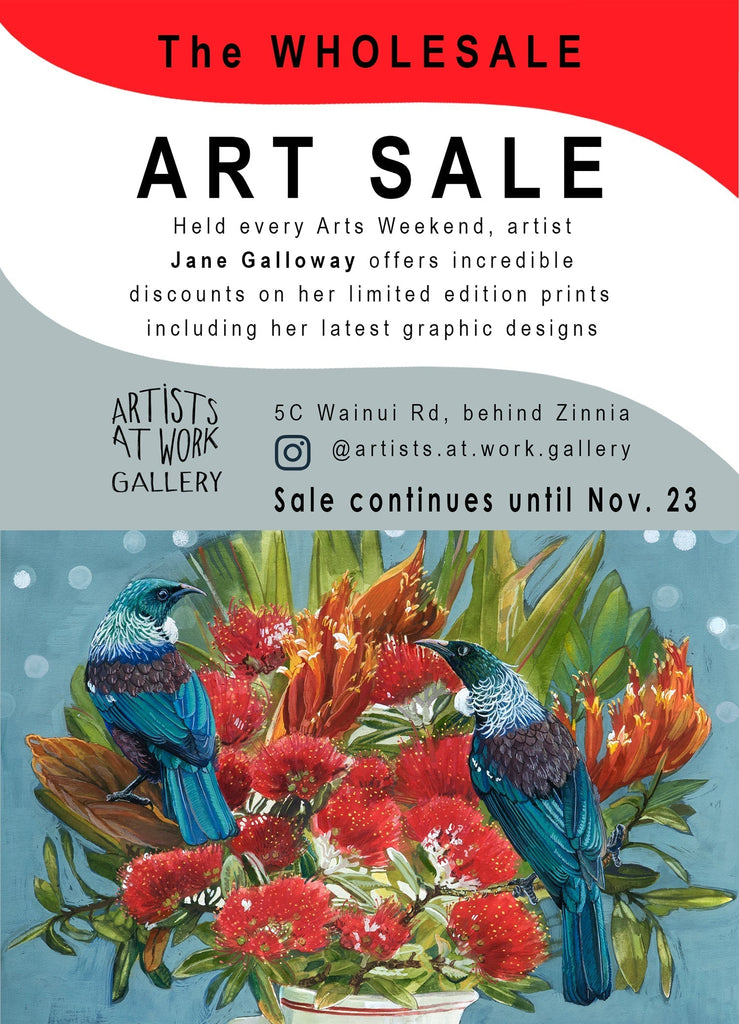 Palm Prints sale in Raglan, continuing until November 23. Framed + unframed prints at wholesale for 2 more weeks only