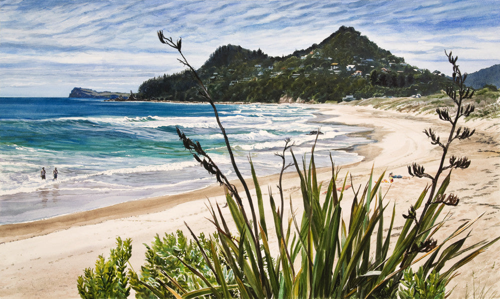 Ocean beach Tairua art prints by Jane Galloway