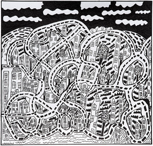 Seaside town drawing black and white by Julian Godfery